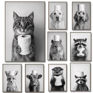 Highland Cow Otter Cat Raccoon with Toilet Paper Poster Print Canvas Painting Bathroom Wall Art Funny Toilet Humor Home Decor