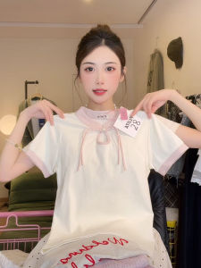 Áo Thun Nữ Tay Ngắn Màu Hồng Mới Phong Cách Trung Hoa Cổ Tròn Dáng Ôm Vừa Vặn Tay Áo Xếp Nếp Trang Trí Viền Tay Áo Ngắn Mùa Hè