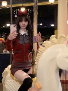 Red Christmas Atmosphere JK Uniform New Year Warrobe Set Skirt High Waist A-Line Dress Winter Season Long Sleeve Polo Neck