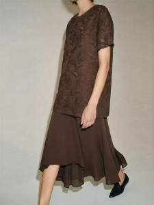 AMII | Summer Round-Neck Dropping Shoulder Spliced Chiffon Fringed Cutwork Loose Women Dress