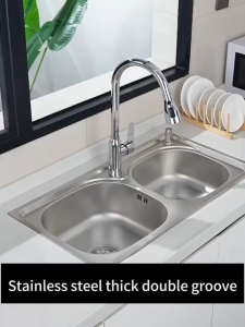 【DAMAGE COVERED】304 Stainless Steel Kitchen Sink Complete Set lababo 75*40cm Double-Slot Household Wash Sink With Drain pipes and faucets Vegetable Basin