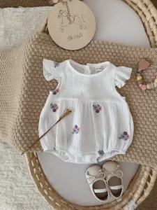 Baby Summer Flower Embroidery Short Sleeve Triangle Jumpsuit Girl Baby Sweet Cute Jumpsuit  for Summer Toddlers and Baby