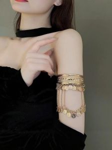 Fashionable Exaggerated Metal Bracelet Open Hand Ring Arm Cuff Personalized Currency Embellished Arm Band Photography Accessory