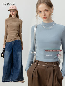 Pure Color Half High Collar T-Shirt Womens Casual Inner Wear Base Shirt EGGKA Brand Polyester Fiber New Autumn Design