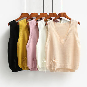 Loose Korean Style Womens Short Sleeveless V-Neck Knitted Vest Spring Autumn Outerwear Fleece Soft Color Solid Casual Top
