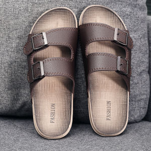 Casual Mens Slippers Summer Trend Thick Bottom Soft Bottom Anti-Slip Outdoor Wearable Simple One-Strap Slippers Leather Upgraded