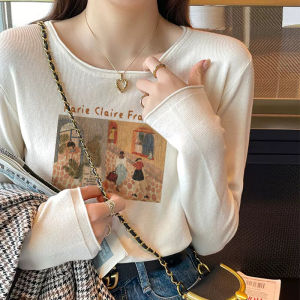 Fashionable Long Sleeve Knitted T-Shirt Womens Slim Fit Inner Wear Top Korean Style Commute Print Cartoon Design Autumn Winter