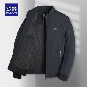 ROMON | Lormen Mens Administrative Jacket Coat Spring Autumn Style Dad Business Casual Striped Stand Collar Shirt Polyester Fiber