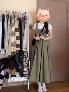 Summer Chic Korean Style Loose Hiding Flesh Slimming Strap Womens Dress White T-shirt Two-Piece Set Polyester Fiber Short Sleeve