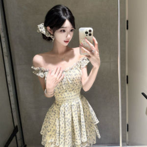 French Style Unique Beautiful Floral Print Tea Break Short Skirt Sweet Strapless Dress Soft Medium Elasticity Summer Dress