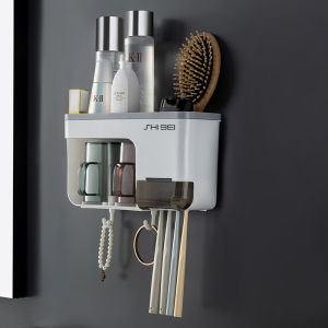 Wall Mounted Toothbrush Holder with Cup Multifunctional Storage Rack for Toothbrush Toothpaste Hanging Towel Bathroom Organizers