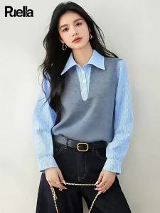 puella | Áo Sơ Mi Dài Tay Hai Màu Cổ Trụ Phong Cách Đi Làm