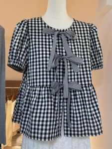 plus Size Womens Shirt Summer Loose Sweet Young Butterfly Knot Short Sleeve Plaid Design Korean Style Commute Polyester Fiber