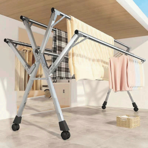 IRO Foldable Retractable Stainless Steel 5-Pole Clothes Hanger Drying Rack Type X Laundry Rack with Wheel