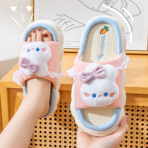 New 2025 Womens Linen Slippers Indoor Home Anti-Slip Spring Autumn Cute Cotton Cloth Slippers Rabbit Design Comfortable Home Shoes