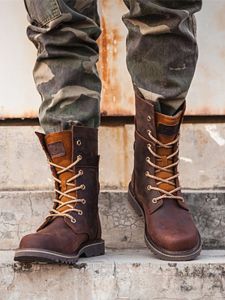 รองเท้าบูทมาร์ตินผู้ชาย บุขนแกะ ทรงยาว สไตล์มอเตอร์ไซค์ วินเทจ รองเท้าบูทหนังสีดำ รองเท้าบูทฤดูใบไม้ร่วงสำหรับผู้ชาย