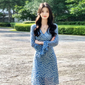 Homecore | French Elegant Blue V-neck Waist-cinched Long Sleeve Floral Dress Womens Early Autumn 2025 New Holiday Outfit A-line Skirt