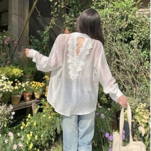 GUZILIAN | French Lace Long Sleeve Womens Shirt Spring Summer Thin Loose Design Backless Top Elegant Commute Style Pear Shape Fit
