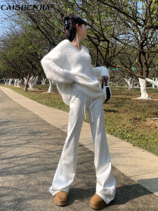 กางเกงโยคะทรงหลวมขาบานสีขาวสำหรับผู้หญิง ทรงเข้ารูปกระชับสัดส่วน กางเกงขายาวลำลอง ทรงสลิมฟิต ฤดูใบไม้ผลิ 2025