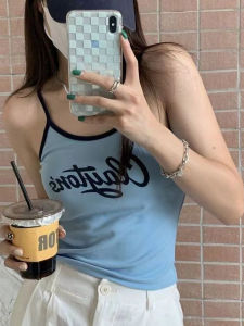 Áo Ba Lỗ Nữ Dáng Ôm in Chữ Cổ Điển Mỹ Áo Ba Lỗ Không Dây Mùa Hè 2025 Chất Liệu Vải Xếp Ly Trang Phục Công Sở Thường Ngày