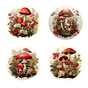 4 mushroom-printed coasters suitable for daily family gathering decoration offices anti-slip wooden coasters