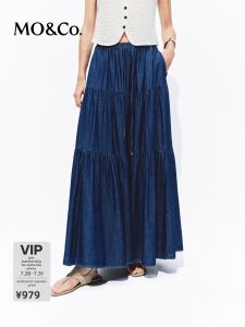 MO&Co. | Lightweight Tencel Cotton Denim Tiered Skirt Drawstring Elastic Waist