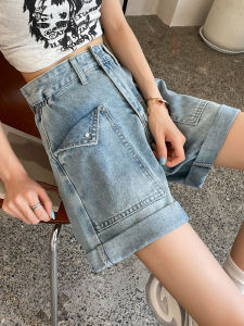 QIANCHANGNAAI | Summer Thin 4 Part Rolled Denim Shorts High Waist Flap Pocket Design Loose Wide Leg