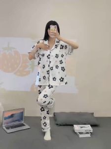 Y&L Fashion #C019 High Quality Cotton Crepe Cartoon Printed Short Sleeve With Pajama Home Wear Set