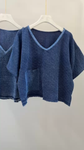 เสื้อผ้าฝ้าย เสื้อผ้าฝ้ายแขนสั้น เสื้อคอวี สีม่อฮ่อม ทำสโตน ผ้าฝ้าย 100% ผ้าฝ้ายทอลาย ผ้านุ่ม