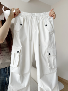 White Womens Summer Thin Jazz Dance Narrow American Parachute Pants Casual Trousers Street Style High Waist Long Polyester Fiber