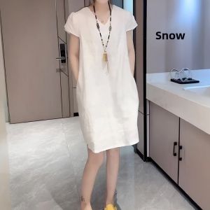 Shalldoer | Fashionable Butterfly Knot Lotus Sleeve Dress Womens Loose Slimming Midi Summer Dress Casual Style Short Sleeve V-neck A-line