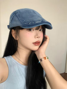 Retro Washed Denim Beret Hat Women Universal Large Head Circumference Face Slimming Cap Small Head Reverse Blue Hat