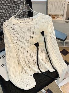 Elegant Hollow out Thin Knitted Shirt Womens Fashion Sun Protection Clothing Brand Discount Spring Autumn 3D Flower Design