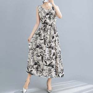 Summer New plus Size Silk Cotton Floral Vest Dress Long Sleeveless Fashionable Slimming Print Maxi Dress for Women in Their 30s
