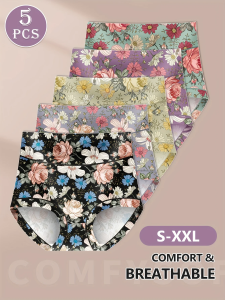 5pcs Elegant High-Waist Briefs for Women - Tummy Control & Butt Lift Comfort Fit with Floral Print Design