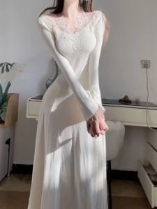 CHANGTONG | Elegant French Style V-neck Knitted Waist Cinching Long Dress