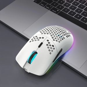 เมาส์เกมมิ่งไร้สายพร้อมไฟ RGB แบตเตอรี่แบบชาร์จได้ ดีไซน์รังผึ้ง 2.4G USB Plug & Play ออกแบบเพื่อความสะดวกสบายสำหรับมือขวา