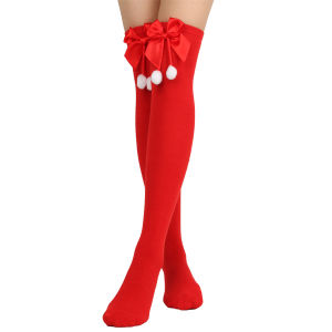 1 pair of girls teenagers bow Christmas socks ball socks knee high socks long stockings Christmas striped stockings