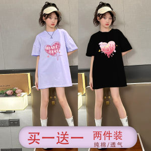 Girls Short Sleeve T-Shirt Set Summer New Style Half Sleeve Medium Length Thin Street Style Black Cotton Casual Loose Fit Kids Clothing