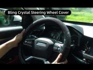 Universal Steering Wheel Cover with Black Crystal Rhinestones Car Breathable Anti-Slip Wheel Protector Fit 14.2-15 inch