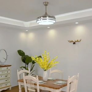 Ceiling Fan With Light 42 Inch 6 Speeds LED 3 Colors Chic Chandelier Fan Remote Control Ceiling Fan Light Reversible Deformed For Living Room Dining Room Invisible Retractable
