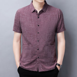 Summer Thin Short-Sleeved Shirt Mens Cotton and Linen Half Sleeves Shirt Loose Linen Leisure Solid Color Multi-Pocket Shirt Trendy