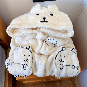 Thickened Fleece Bear Sleep Robe Womens Cute Coral Velvet Hooded Sleepwear Autumn Winter Outwear Long Sleeve Warm Home Clothes