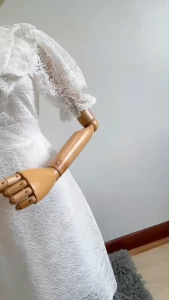 P22795 เดรสลูกไม้ อกระบาย กระดุมมุกมีสายผูกเอว