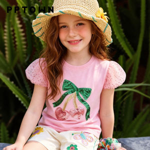 PPTOWN | Girls Lightweight Bowknot Net Bubble Sleeve Cherry Design T-shirt