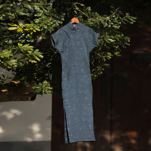 Young Elegant Blue Cheongsam Chinese Traditional Style Daily Wear Short Sleeve Long Qipao for Women High Quality Jiangnan Duvet