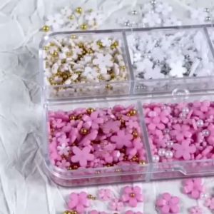 1Box 3D Pink/White Acrylic Flower Nail Charms with Gold&Silver Steel Beads Nail Art Decorations DIY Crafts Manicure Accessories