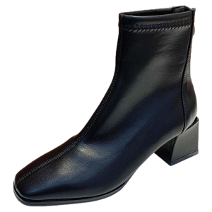 Black French Style Chunky Heel Short Boots Womens Autumn Winter Slim Fit High Heels Cozy Martin Boots with Fleece Inner