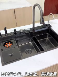 Digital Display Lababo Kitchen sink Set 304 Stainless Steel with Trash Can Cup Wash Honeycomb Embossed