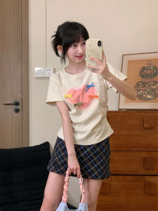 เสื้อยืดแขนสั้นผู้หญิงลายจุดสีรุ้งรูปผีเสื้อสามมิติ ทรงเข้ารูป ทรงเข้ารูป สไตล์เกาหลี ผ้าคอตตอนผสมยืดหยุ่น